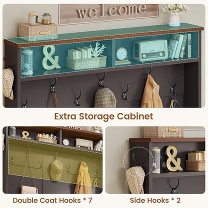 Itaar Hall Tree with Bench and Shoe Storage, 5-in-1 Entryway Bench with Coat Rack, 10 Shoe Cubbies & 9 Coat Hooks, Barn Door & Adjustable Shelf (Black)