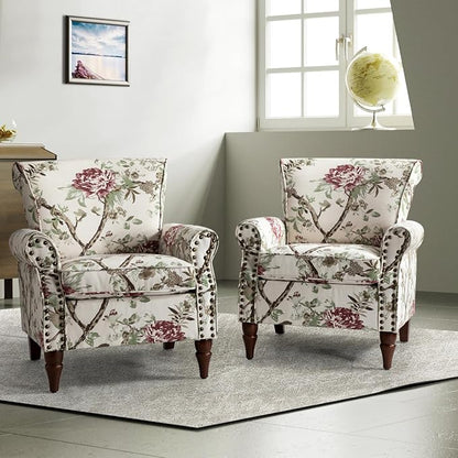 HULALA HOME Modern Wingback Accent Chairs Set of 2 with Wood Legs & Removable Cushion, Comfy Upholstered Armchairs with Nailhead Trim, Floral Pattern Single Sofa Chairs for Living Room Bedroom, Floral