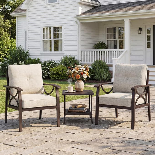 FansaFurn Outdoor Patio Furniture Set, 3 Pieces Metal Patio Conversation Set with Side Table for Porch Backyard Garden, Khaki