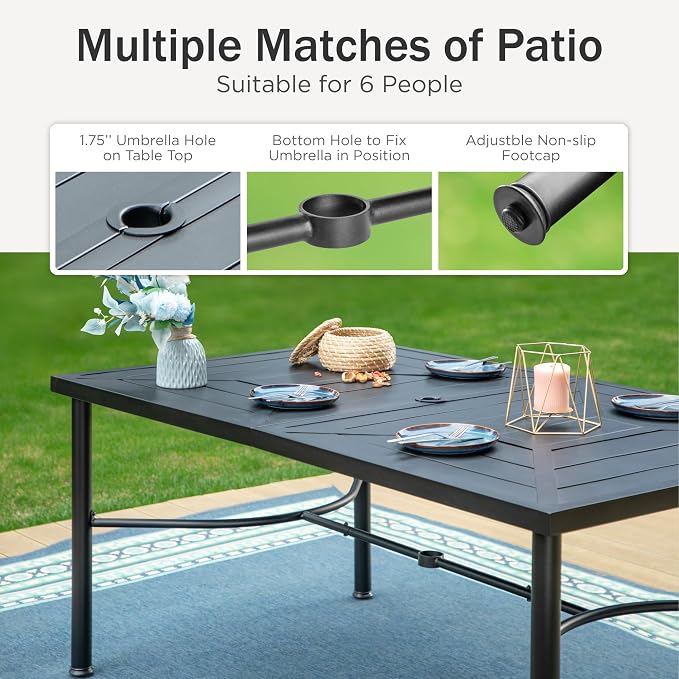 PHI VILLA 7 PCS Patio Dining Set, Aluminum Outdoor Furniture, Patio Table and Chairs for 6, Lightweight Stackable Chairs and 1 Rectangle Patio Dining Table for Garden Yard Deck, Beige