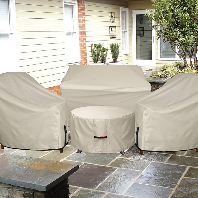 Porch Shield Fire Pit Cover - Waterproof 600D Heavy Duty Fade Resistant Round Patio Fire Bowl Cover Beige - 50 inch
