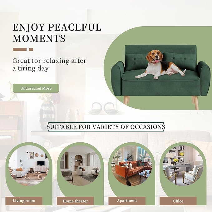 Vongrasig 47" Small Modern Loveseat Sofa, Mid Century Linen Fabric 2-Seat Sofa Couch Tufted Love Seat with Back Cushions and Tapered Legs for Living Room, Bedroom and Small Space (Green)