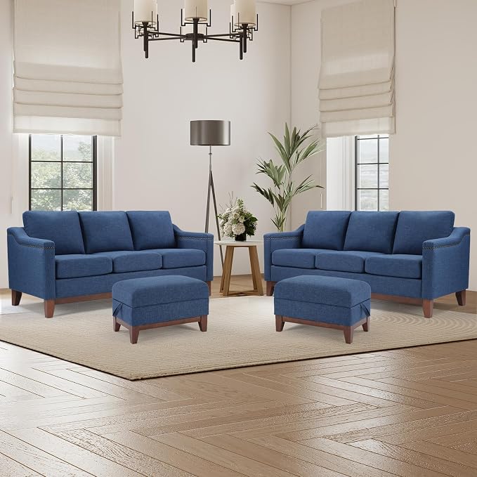 HAOMARKETS 4 Piece Fabric Sofa Set with Nailhead Trim, Included 3-Seater Couches Set of 2 with Thicked Cushion and 2 Upholstered Storage Ottoman with Flip-Top Table, Living Room Furniture Set,Blue