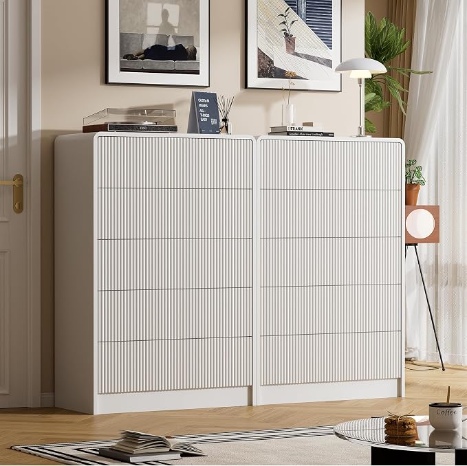 Furniway White 5 Drawer Dresser for Bedroom, Curved Tall Dresser with Push-to-Open Design, Chest of Drawers for Bedroom, Living Room, Hallway, 15.7”D x 32”W x 47.2”H