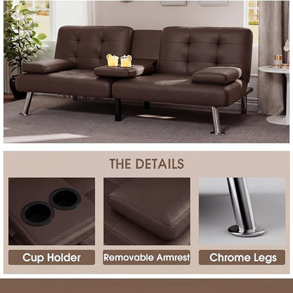 Flamaker Futon Sofa Bed Modern Folding Futon Set Convertible Recliner Lounge for Living Room with 2 Cup Holders, Removable Armrests (PU Leather, Brown)