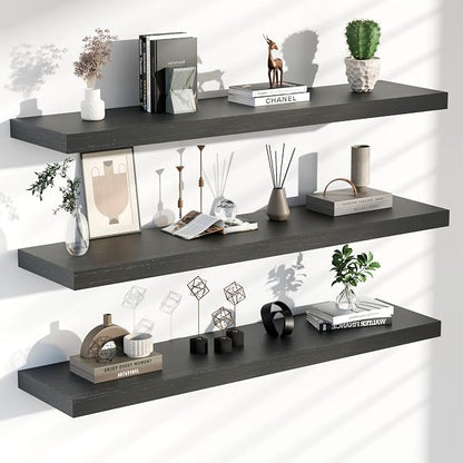 Floating Shelves for Wall, 48 Inch Extra Long Black Wall Shelves, Set of 3, Hanging Invisible Brackets Floating Shelves for Living Room,Bedroom,and Kitchen