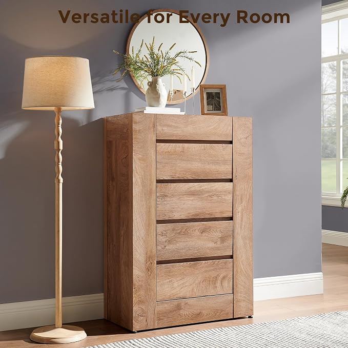OKD 5 Drawer Dresser for Bedroom, 48" Tall Dresser Chest of Drawers with Thick Wood Design, Handleless, Modern Bedroom Dresser, Storage Organizer for Living Room/Entryway, Light Knotty Wood