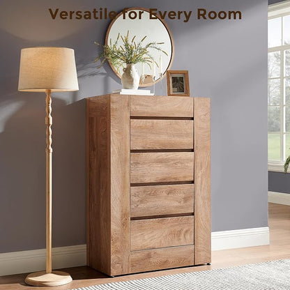 OKD 5 Drawer Dresser for Bedroom, 48" Tall Dresser Chest of Drawers with Thick Wood Design, Handleless, Modern Bedroom Dresser, Storage Organizer for Living Room/Entryway, Light Knotty Wood