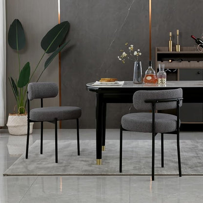 DYHOME Dark Grey Dining Chairs Set of 2, Mid-Century Modern Dining Chairs, Kitchen Dining Room Chairs, Curved Backrest Round Upholstered Boucle Sherpa Dining Chair with Black Metal Legs