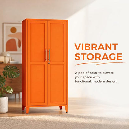 Heavy Duty Metal Cabinet with 3 Adjustable Shelves, Lockable Double Door Storage Locker, 61" Tall Utility Closet for Living Room Home Office Orange 61" H X 27.6" W X 13.8" D