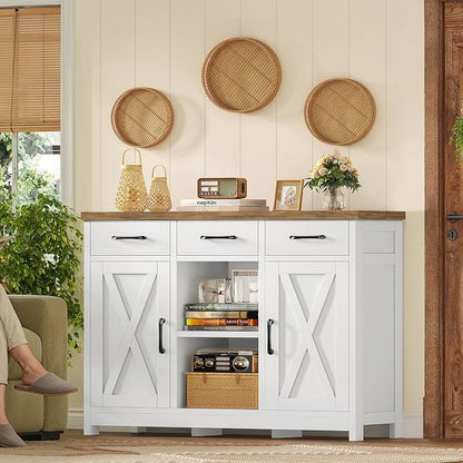 TEENFON Storage Cabinet, Coffee Bar Cabinet with 3 Drawers, 2 Adjustable Shelves & 2 Doors, Buffet Cabinet, Kitchen Cabinet for Kitchen, Dining Room, Living Room, White