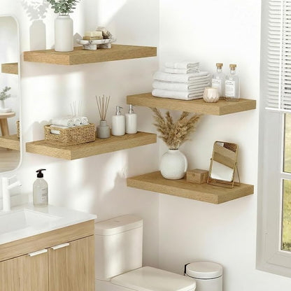 Vivelove 10" Deep Floating Shelves Over Toilet, 16" Wall Shelves for Bathroom Bedroom Kitchen Living Room Laundry Room, Modern Rustic Shelves for Home Decor, 16"x10.2"x1.5", Set of 2, Oak