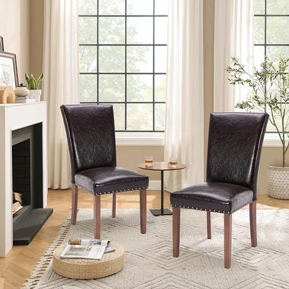 Parsons Dining Chairs Set of 2, Upholstered Nailhead PU Leather Dining Room Kitchen Side Chair with Thick Cushions and Wood Legs, Dark Brown