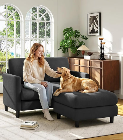 Welzona Loveseat, 51" Small L Shaped Couch, Comfy Teddy Love Seat with Ottoman Set, Tool-Free Setup Loveseat Sofa with Ottoman, All-Wood Small Sofa Couch for Bedroom, Couch for Living Room, Grey
