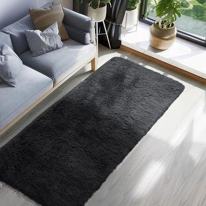 Ophanie Runner Rug for Hallway, 3x8 Washable Non-Slip Fluffy Soft Bedside Rugs, Bedroom Living Room Shaggy Carpet for Kids Girls Boys Dorm Nursery Decor Aesthetic, Black with Over 99 pcs Pile fibers