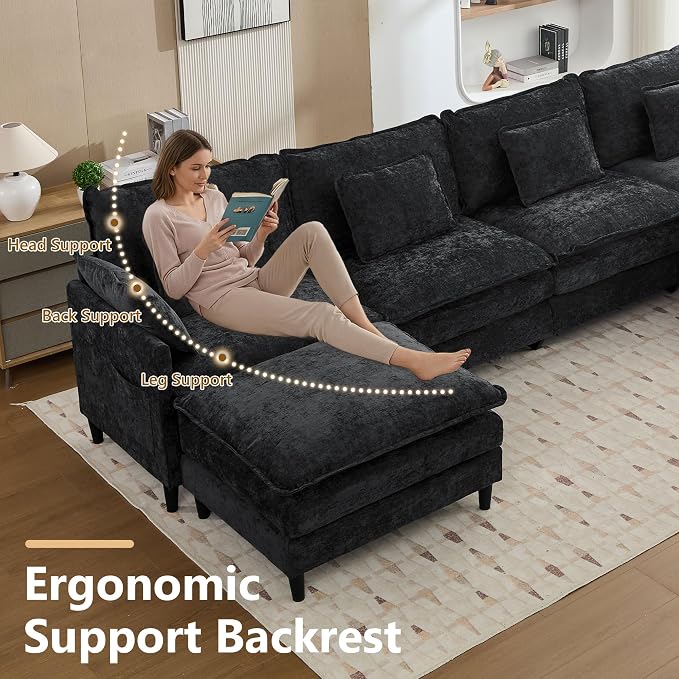150.6" Chenille Modular Sectional Sofa, Convertible U Shaped Modular Sofa Comfy Cloud Couch with Ottoman, Side Pockets and 6 Throw Pillows for Living Room Black, 6 Seats