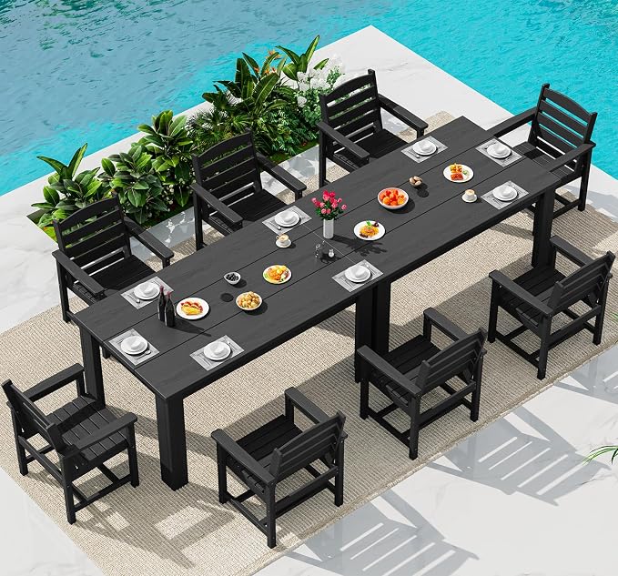 SERWALL HDPE Dining Set for 8: 2 Umbrella Hole Tables + 8 Chairs. for Garden, Backyard, Poolside. Black