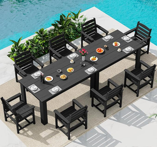 SERWALL HDPE Dining Set for 8: 2 Umbrella Hole Tables + 8 Chairs. for Garden, Backyard, Poolside. Black