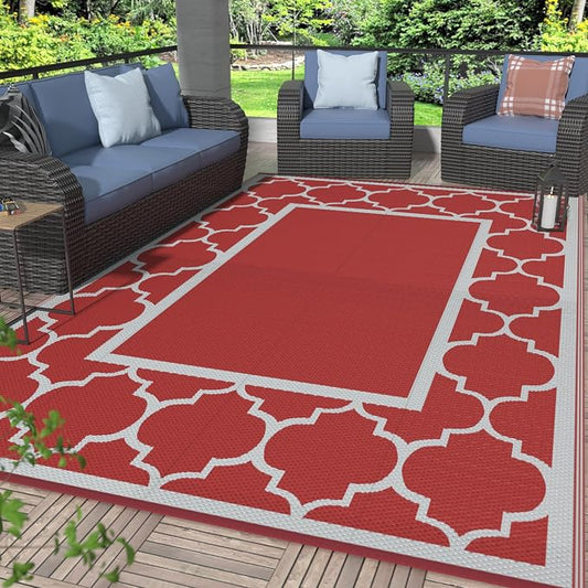 GENIMO 6' x 9' Outdoor Rug Waterproof for Patio Decor, Foldable Reversible Plastic Straw Area Rugs Mat for Camper, Outside Carpet for Rv, Deck, Porch, Picnic, Beach, Balcony, Red & White