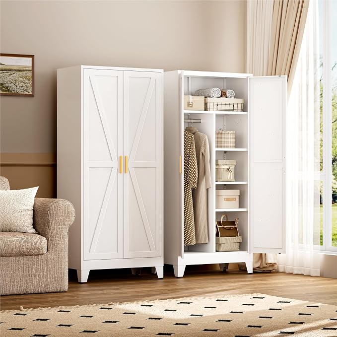 YAUWOH Farmhouse Wardrobe Cabinet,Metal Wardrobe Closet with Hanging Rod,Metal Armoire with Adjustable Shelves for Bedroom, Cloak Room,Office (White)