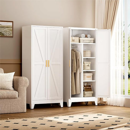 YAUWOH Farmhouse Wardrobe Cabinet,Metal Wardrobe Closet with Hanging Rod,Metal Armoire with Adjustable Shelves for Bedroom, Cloak Room,Office (White)