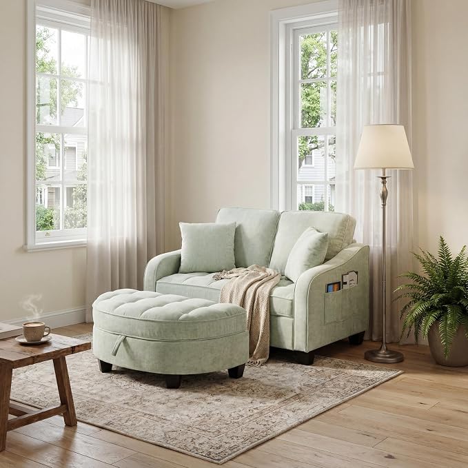 ERYE Chenille Tufted Loveseat Sofa and Ottoman Set, Tufted Recliner Sleeper Chaise Lounge with Curved Storage Ottoman,Reclining Backrest and Side Pockets, 4 Pillows