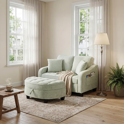ERYE Chenille Tufted Loveseat Sofa and Ottoman Set, Tufted Recliner Sleeper Chaise Lounge with Curved Storage Ottoman,Reclining Backrest and Side Pockets, 4 Pillows