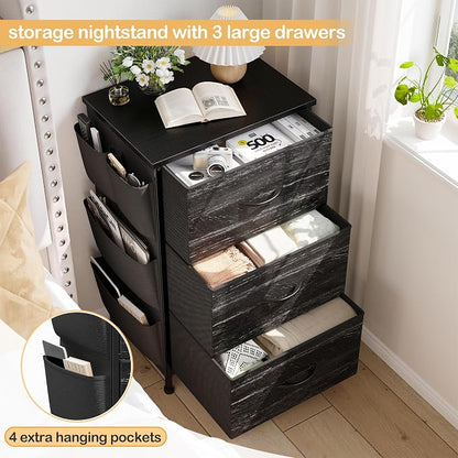 Night Stand Set 2, Night Stand with Drawers for Bedroom, Bedside Table with Wooden Top, Sturdy Steel Frame End Table, Dorm Nightstand for Bedroom, Entryway, Hallway, Closet, Cloth Bags, Hooks, Black