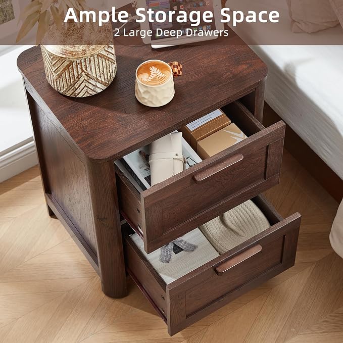 Joaxswe Farmhouse Night Stand with Charging Station, End Tables Bedroom with 2 Large Drawers & 4 Thickened Table Legs, Walnut
