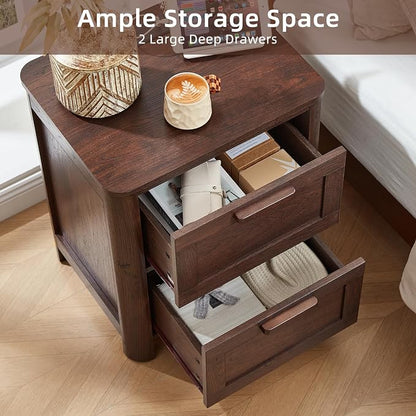 Joaxswe Farmhouse Night Stand with Charging Station, End Tables Bedroom with 2 Large Drawers & 4 Thickened Table Legs, Walnut