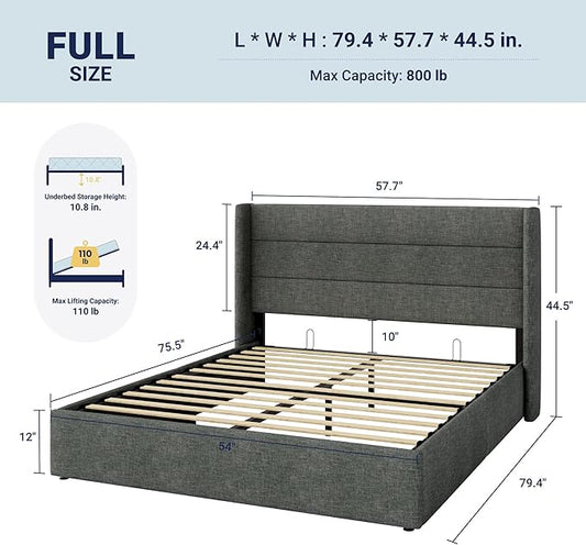 Allewie Full Size Lift Up Storage Bed, Modern Wingback Headboard, Hydraulic Support, No Box Spring Needed, Dark Grey