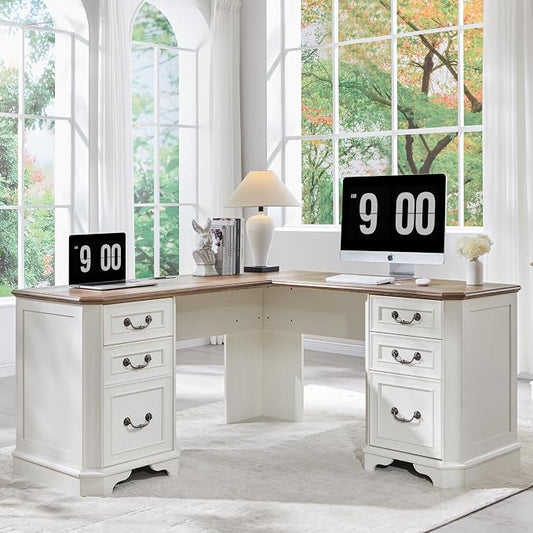 T4TREAM 59" Executive L Shaped Desk with Drawers,Farmhouse Wood Computer Corner Desk, Featuring Charging Station,File Drawer, Storage Cabinet,for Home Office Work and Study (Antique White)