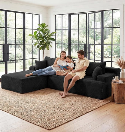 Hobestluk Modular Sectional Sofa Couches L-Shape Couch 3 Seat Modular Sofa Memory Foam Sectional Couches for Living Room, Cloud Couch with Oversized Chaise (Black Corduroy, 108", Left Hand Facing)