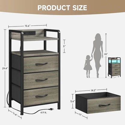 Lazzanto Night Stand with Charger Station - Grey Nightstand with LED Light Strip, Morden Bedside Table with USB Ports & AC Outlets, End Table with Storage Shelf & 3 Fabric Drawers