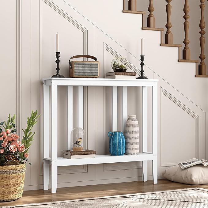 ELYKEN Bamboo 2-Tier Narrow Console Table, 36.2" Long Slim Sofa Table Behind Couch for Entryway, Hallway, Living Room, White