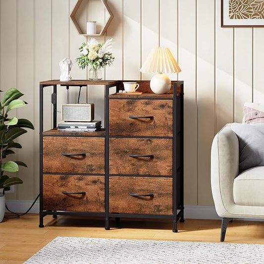 Somdot Nightstand with Charging Station and LED Light, Wide 5 Drawers Dresser for Bedroom with Fabric Bins and Open Shelf for Bedroom Kids Closet Dorm Guest Room, Wood Grain Print