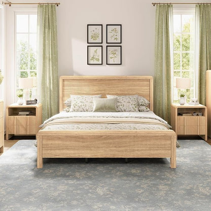 AMERLIFE 3-Piece Modern Fluted Bedroom Furniture Set, Including Wood King Size Bed Frame with Headboard & Footboard and Storage Night Stand Set of 2, Wooden Bedframe and Nightstand Sets, Natural Oak