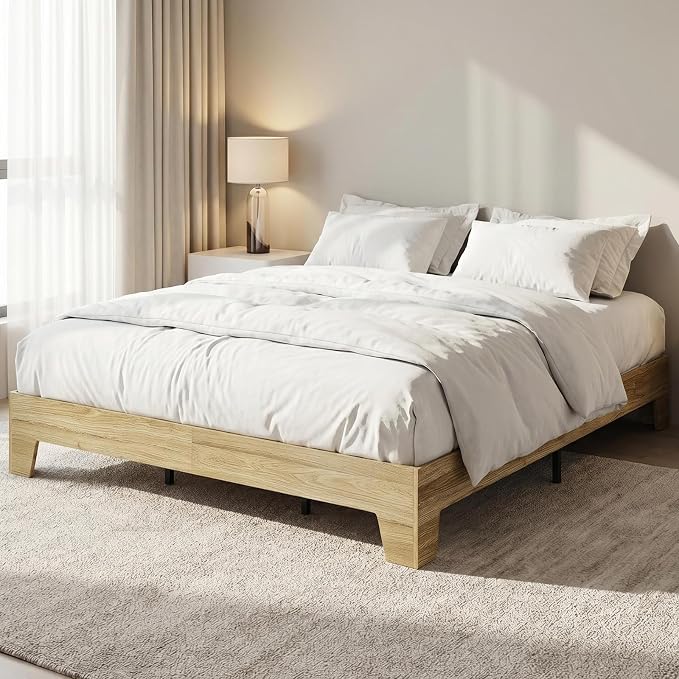 IDEALHOUSE Queen Size Platform Bed Frame,Boho Wood Bed with Noise-Free Slats,No Box Spring Needed,Nature Bedroom Furniture,Sturdy Wooden Bed Foundation,Easy Assembly