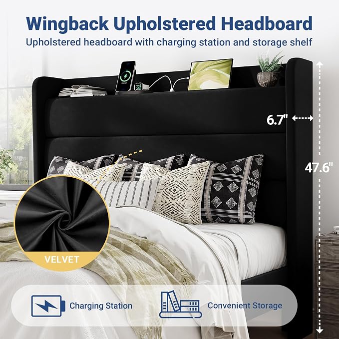 Allewie Queen Size Upholstered Bed Frame with Charging Station & Storage Headboard, Soft Velvet Wingback Platform Bed, Strong Wooden Slats Support, No Box Spring Needed, Easy Assembly, Black