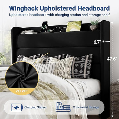 Allewie Queen Size Upholstered Bed Frame with Charging Station & Storage Headboard, Soft Velvet Wingback Platform Bed, Strong Wooden Slats Support, No Box Spring Needed, Easy Assembly, Black