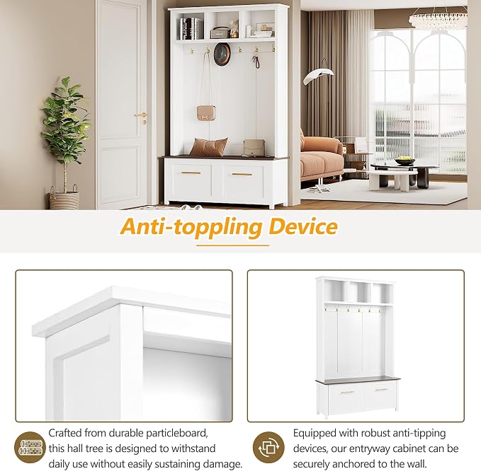 Merax Modern 4-in-1 Storage Hall Tree with Bench, Versatile Multiple Space with 6 Golden Hooks, 2 Drawers, Entryway Coat Rack for Living Room, Hallway, White