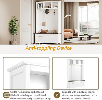 Merax Modern 4-in-1 Storage Hall Tree with Bench, Versatile Multiple Space with 6 Golden Hooks, 2 Drawers, Entryway Coat Rack for Living Room, Hallway, White