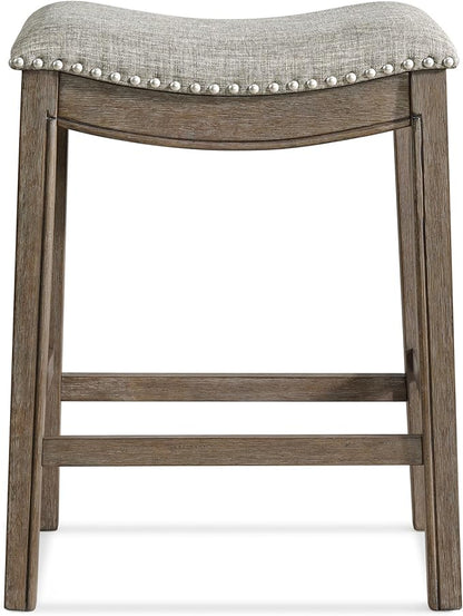 ROME + OAK Set of 3 Parker 26 Inch Counter Stool, Backless Saddle Kitchen Barstool in Walnut Finish with Grey Fabric Upholstery Cushion Seat