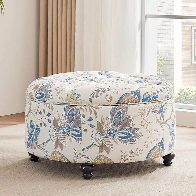 HUIMO 30-Inch Round Storage Ottoman, Modern Button Tufted Coffee Table with Removable Top, Upholstered Ottoman with Storage Footrest Stool for Living Room, Bedroom and Office(Blue Flower)