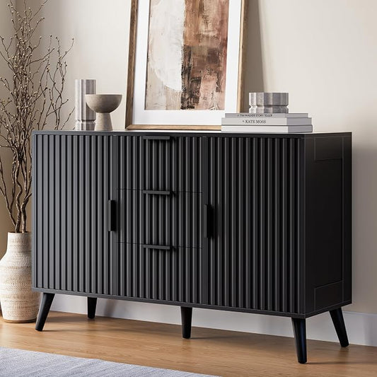 47.2" Fluted Sideboard Buffet Cabinet with 3 Drawers, Black Modern Buffet Cabinet with Storage, Large Storage Cabinets with 2 Doors Accent Credenza for Kitchen, Living Room, Entryway