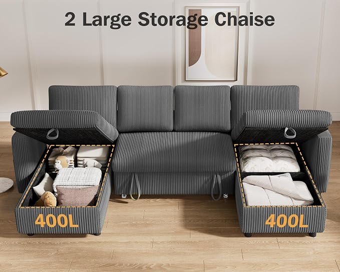 Vipbear 104" Sectional Sleeper Sofa Bed with Pull Out Bed, U Shaped Couch Pull Out Couch with Reclining Backrest, Reversible Storage Chaise, USB Ports, Tool-Free Assembly, Corduroy Grey