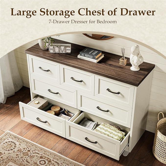 AODK Farmhouse 7 Drawer Dresser for Bedroom, 47” Wide Rustic Storage Chest with Engineered Wood Frame, Anti-Tip Design, American Country Bedroom Furniture, Walnut & Vintage White