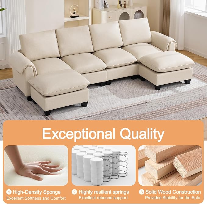 118" Faux Leather Modular Sectional Sofa with 2 Ottoman, Oversized 4 Seater Couch with Curved Armrests, Cloud Modern U-Shaped Sofa Deep Seat for Living Room, Beige