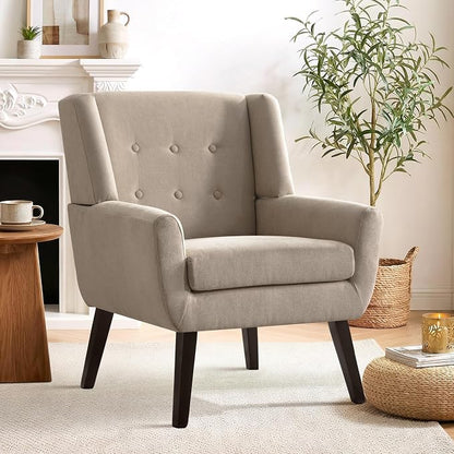 HUIMO Accent Chair, Upholstered Button Tufted Armchair, Linen Fabric Sofa Chairs for Bedroom, Living Room, Mid-Century Modern Comfy Reading Chair (1, Khaki)