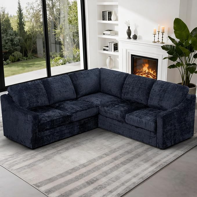 89" Chenille Sectional Sofa with High Density Sponge, Modern 5-Seats Corner Couch with Deep Seat, Comfy Modular L Shaped Couch with Comfortable Back Cushions for Living Room, Blue